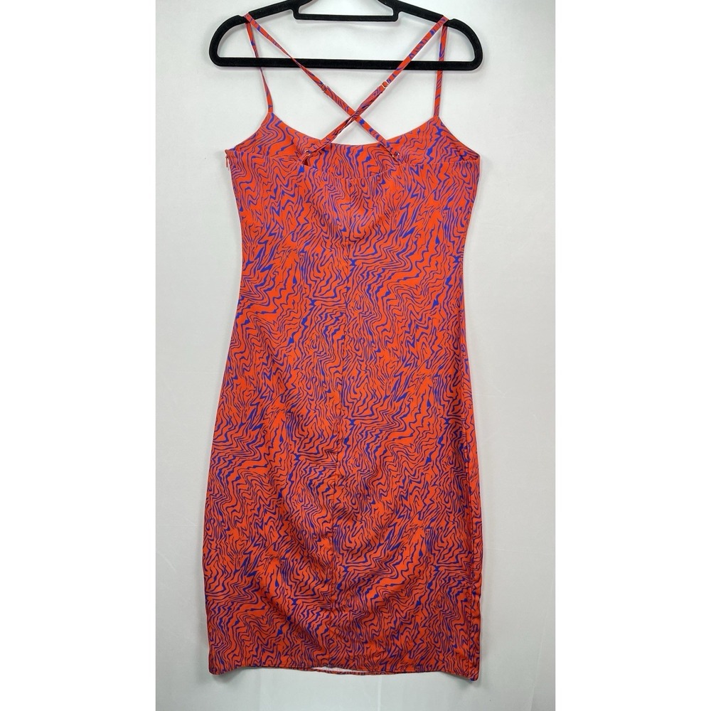 Nasty Gal Slip Dress Women's Sz 4 Orange Blue Animal Print Strappy Sleeve Y2K - Picture 6 of 8